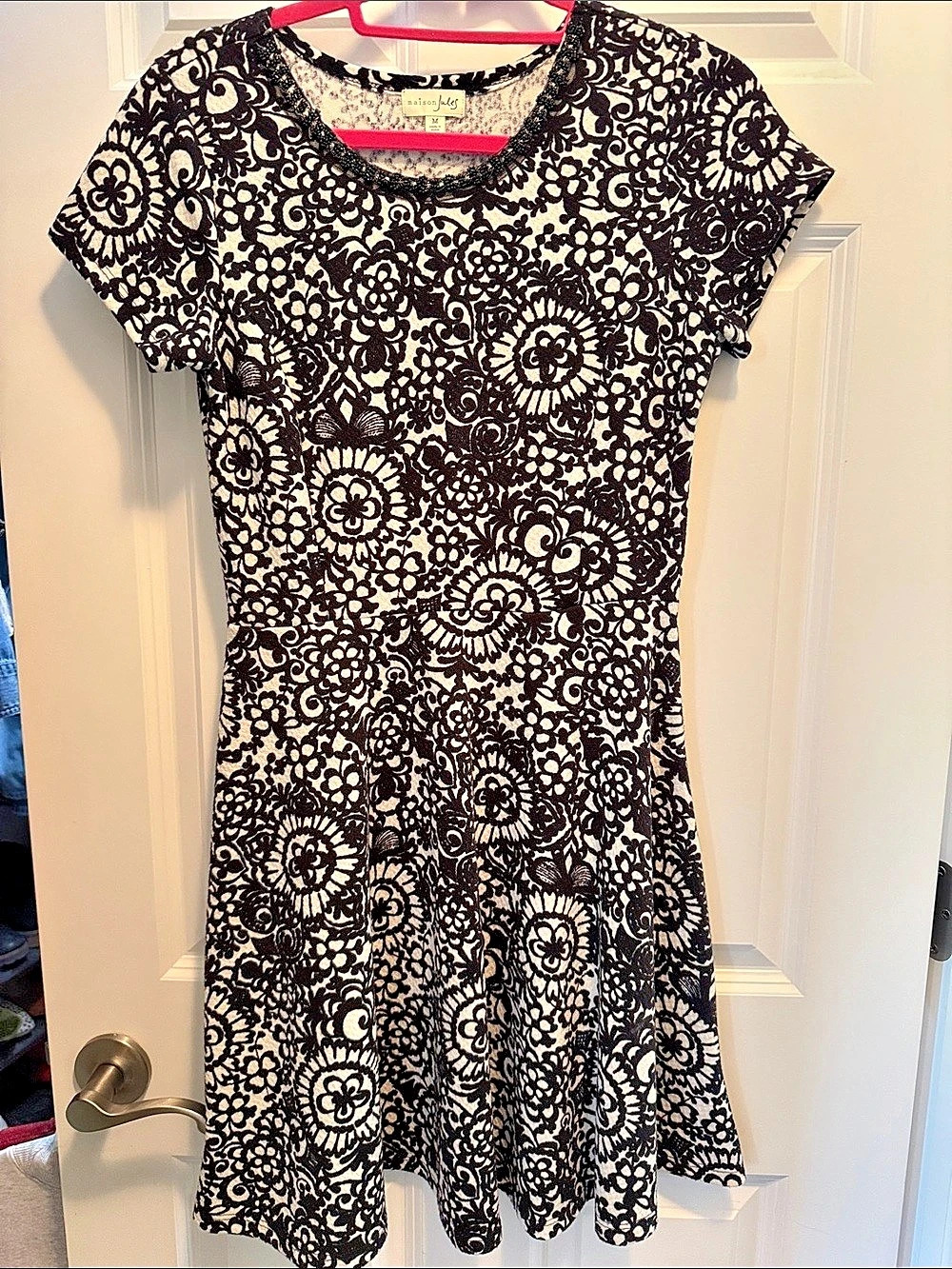 Maison Jules Black & Cream Floral Fit & Flare Dress Size M